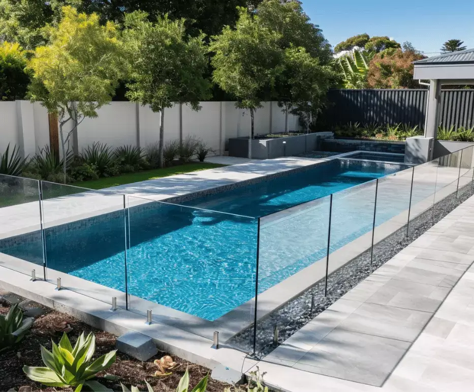 A backyard pool in North Brisbane secured by a glass pool fence installed by Elite Fencing Redcliffe